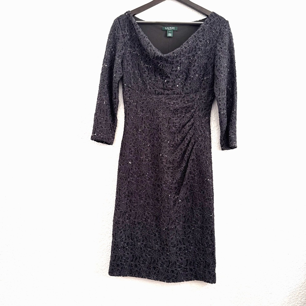 Lauren Ralph Lauren Gray Sequin Floral Lace Cowl Neck Cocktail Dress Sheath Sz 8